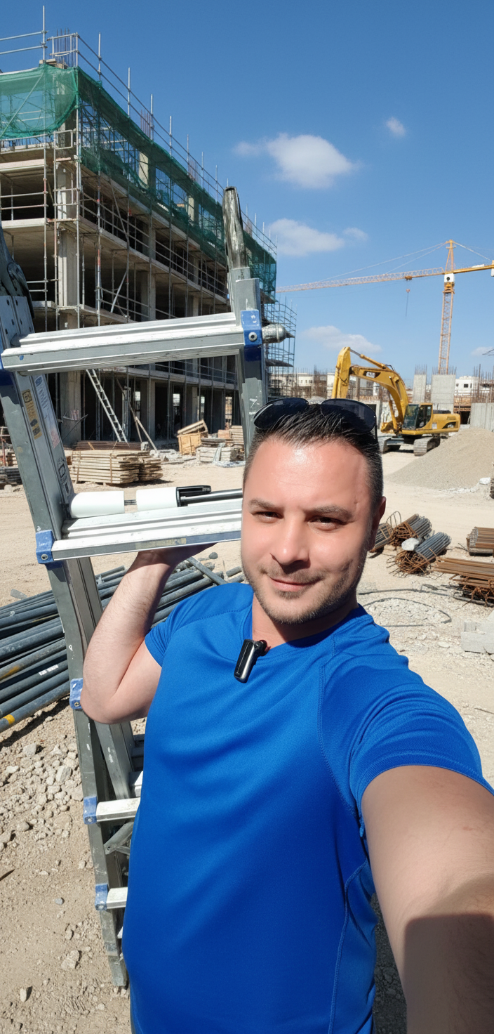 ארקדי ציונסון, מנחה הום מאסטר אקדמי, באתר בנייה עם ציוד מקצועי